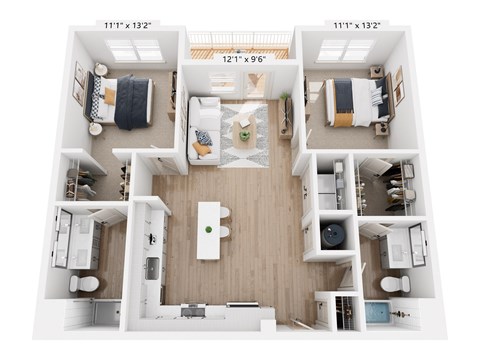 A floor plan of a small apartment with two bedrooms, a living room, and a kitchen.