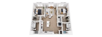 A floor plan of a small apartment with a kitchen, living room, and two bedrooms.