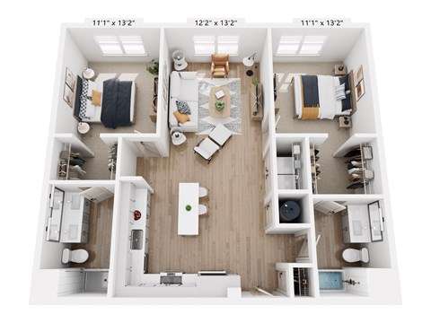 A floor plan of a small apartment with a kitchen, living room, and two bedrooms.
