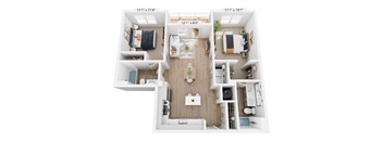 A top-down view of a small apartment with a living room, kitchen, and two bedrooms.