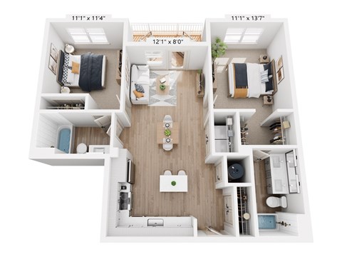 A top-down view of a small apartment with a living room, kitchen, and two bedrooms.