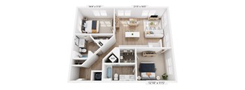 A floor plan of a two-bedroom apartment with a living room, kitchen, and bathroom.