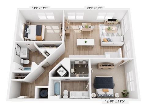A floor plan of a two-bedroom apartment with a living room, kitchen, and bathroom.