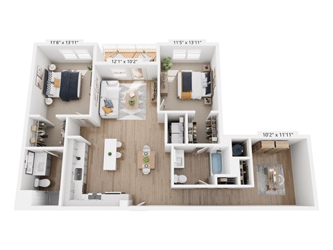 A diagram of a house layout with four rooms and their dimensions.
