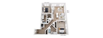 A floor plan of a small apartment with a living room, kitchen, and two bedrooms.