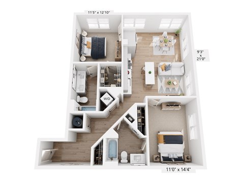 A floor plan of a small apartment with a living room, kitchen, and two bedrooms.