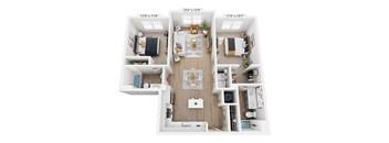 A top-down view of a house layout with three bedrooms, a living room, a kitchen, and a bathroom.