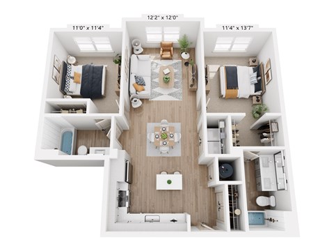 A top-down view of a house layout with three bedrooms, a living room, a kitchen, and a bathroom.