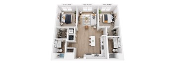 A top-down view of a small apartment with dimensions and a central living area.