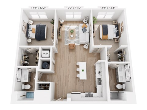 A top-down view of a small apartment with dimensions and a central living area.