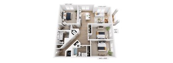 A floor plan of a two-bedroom apartment with a living room, kitchen, and bathroom.