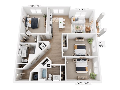 A floor plan of a two-bedroom apartment with a living room, kitchen, and bathroom.