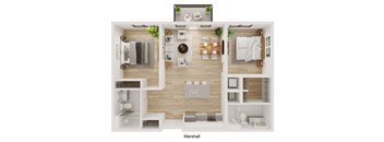 A floor plan of a small apartment with a kitchen, living room, and bathroom.