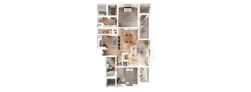 A top-down view of a house layout with multiple rooms and furniture.