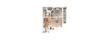 A top-down view of a small, well-organized apartment with a kitchen, living room, and bathroom.