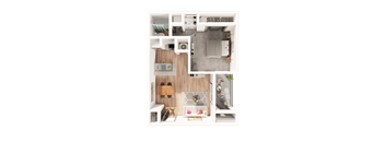 A top-down view of a small apartment with a kitchen, living room, and bathroom.