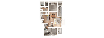 A top-down view of a house layout with multiple rooms and furniture.