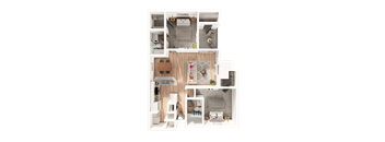 A detailed 3D floor plan of a modern apartment.