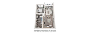 A floor plan of a small apartment with a kitchen, living room, and bathroom.