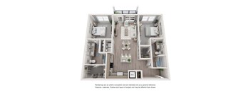 A 3D floor plan of a house with a kitchen, living room, and two bedrooms.