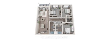 A 3D floor plan of a house with a kitchen, living room, and bedrooms.