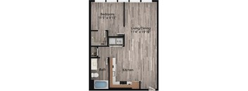 a floor plan drawing of a 1 bedroom apartment