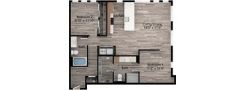 a floor plan drawing of a 2 bedroom, 2 bath apartment