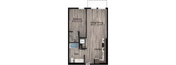 a floor plan drawing of a 1 bedroom, 1 bath apartment