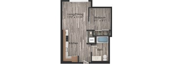 a floor plan drawing of a 1 bedroom, 1 bath apartment