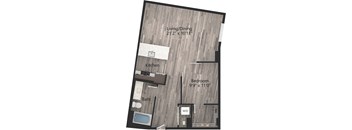 a floor plan drawing of a 1 bedroom, 1 bath apartment