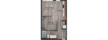a floor plan drawing of a 1 bedroom, 1 bath apartment