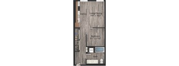 a floor plan of an open one bedroom layout