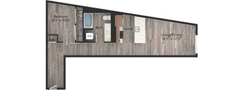 a floor plan drawing of a 1 bedroom, 1 bath apartment