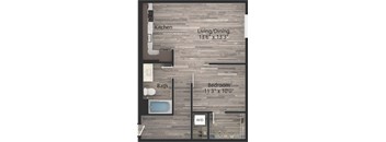 a floor plan drawing of a 1 bedroom, 1 bath apartment