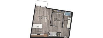 a floor plan drawing of a 1 bedroom, 1 bath apartment