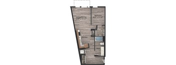 a floor plan of a room with a bathroom and a bedroom