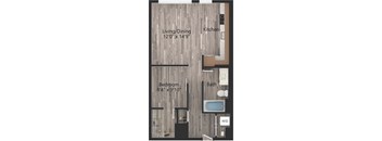 a floor plan of a room with a bathroom and a bedroom