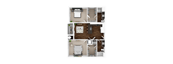 A top-down view of a small apartment with a bedroom, living room, and kitchen.