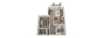 A top-down view of a small apartment with a living room, kitchen, and bathroom.