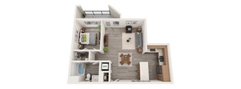 A top-down view of a modern apartment layout with a kitchen, living room, and bathroom.