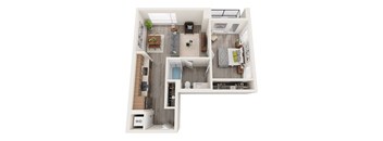 A top down view of a small apartment with a kitchen, living room, and bathroom.