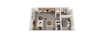 A top down view of a living room, kitchen, and bedroom.