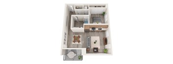 A top-down view of a modern apartment layout.