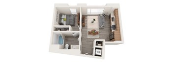 A top down view of a small apartment with a kitchen, living room, and bathroom.