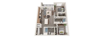 A top-down view of a small apartment with a kitchen, living room, and bathroom.