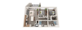 A top-down view of a well-furnished apartment layout.