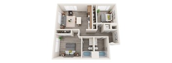 A top-down view of a modern apartment layout with a living room, kitchen, dining area, and bathrooms.