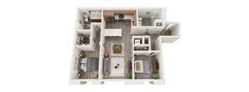 A top-down view of a modern apartment layout with a living room, dining area, kitchen, and bedrooms.