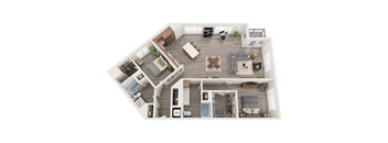 A top-down view of a modern two-story house interior.