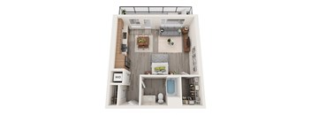 A top-down view of a small apartment with a kitchen, living room, and bathroom.